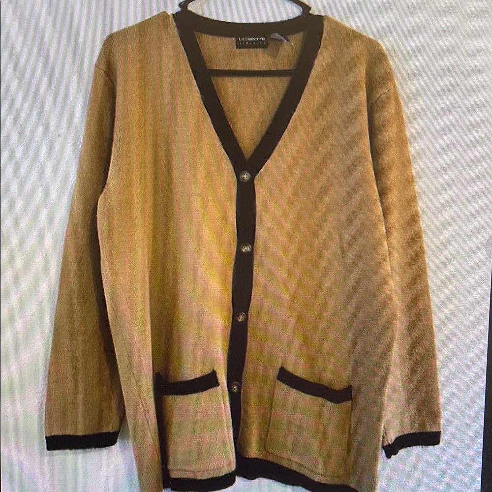 Tan Cardigan with Black Trim